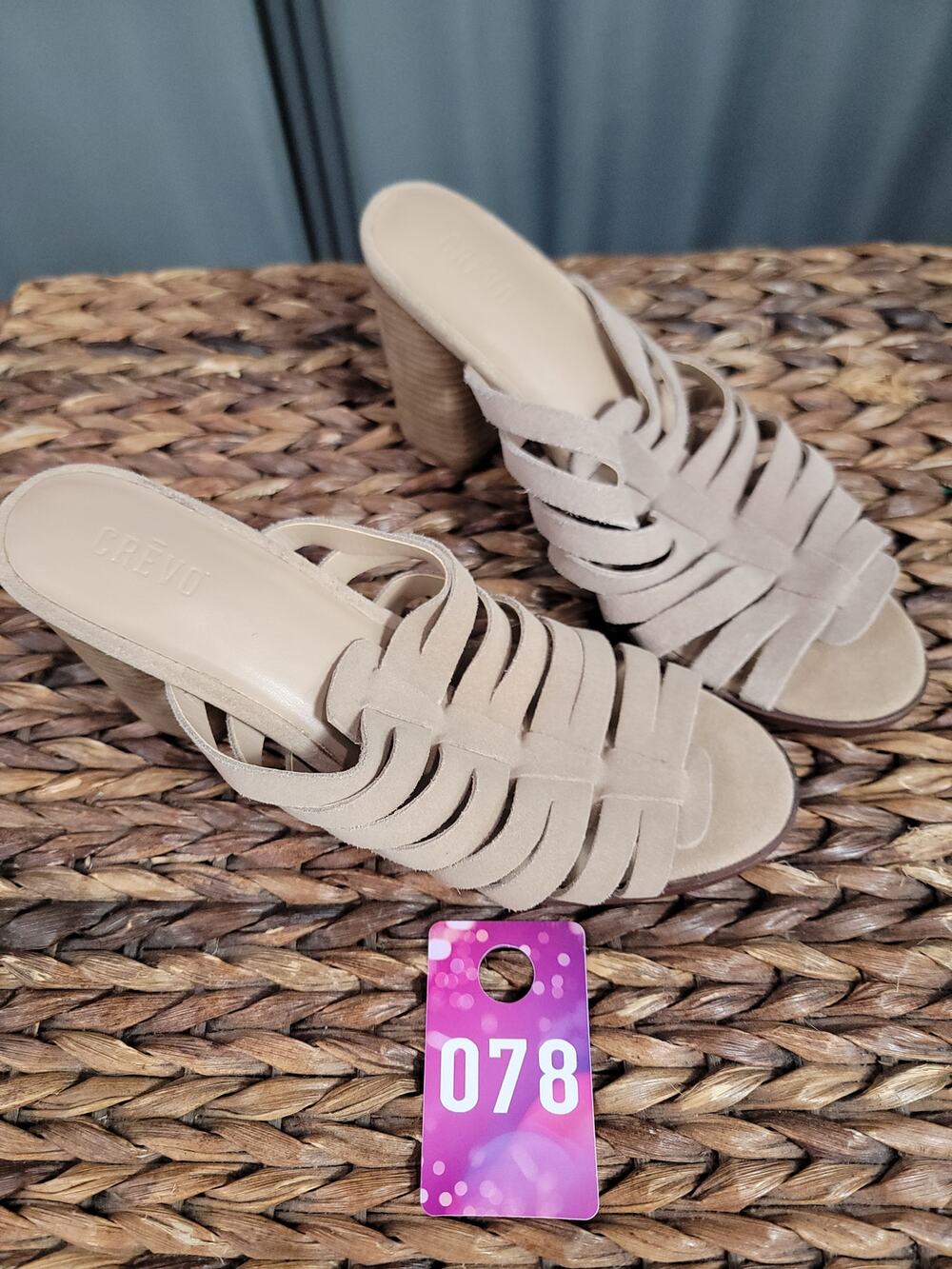 Crevo Women's 9.5 Beige Suede Slip-On Block Heel Preppy Formal Slide Sandals